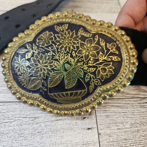 Golden Hands Lee Bernay Vintage Belt Brass Enamel Buckle Suede Belt Boho Hippie - Picture 5 of 8